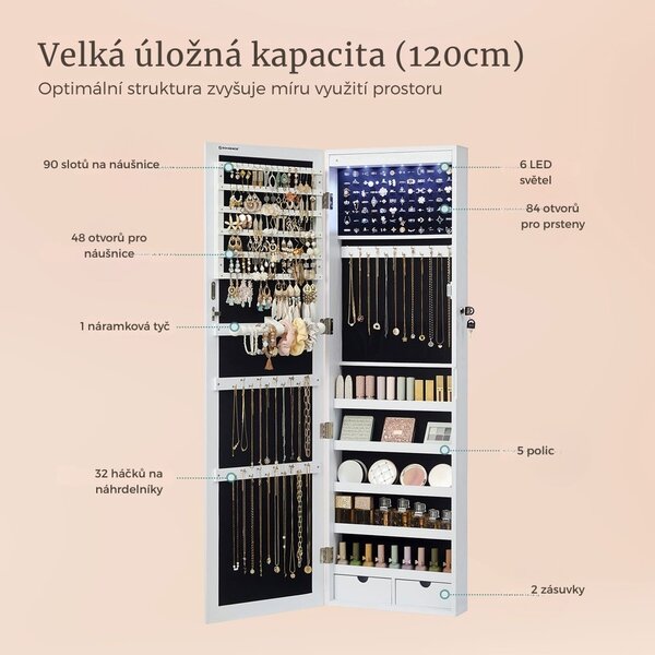 Nástěnná šperkovnice se zrcadlem JEWELIA s LED osvětlením, 10x37x120 cm, bílá SongmicsHome