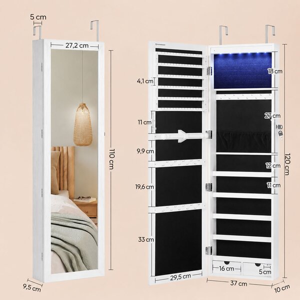 Nástěnná šperkovnice se zrcadlem JEWELIA s LED osvětlením, 10x37x120 cm, bílá SongmicsHome