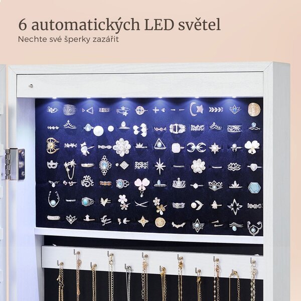 Nástěnná šperkovnice se zrcadlem JEWELIA s LED osvětlením, 10x37x120 cm, bílá SongmicsHome