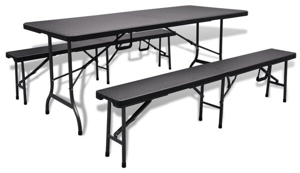 Zahradní stůl se 2 lavicemi HDPE černý imitace ratanu