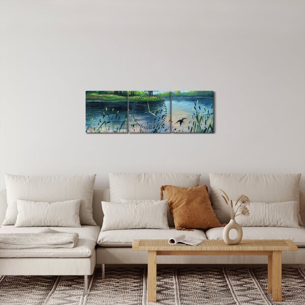 Obraz - Olejomalba, Letní podvečer u jezera (s hodinami) (90x30 cm)