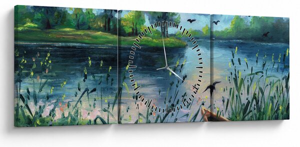 Obraz - Olejomalba, Letní podvečer u jezera (s hodinami) (90x30 cm)