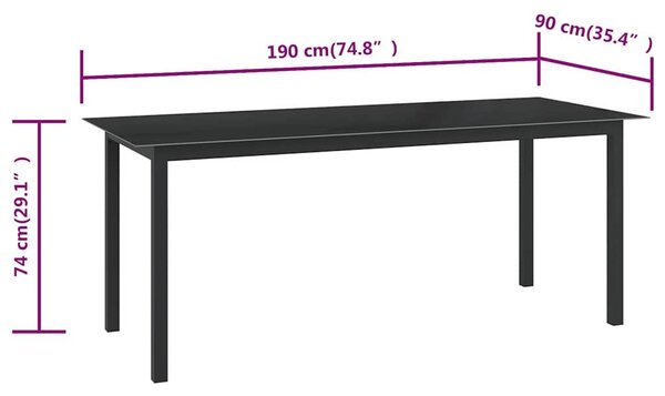 Zahradní stůl černý 190 x 90 x 74 cm hliník a sklo 312202