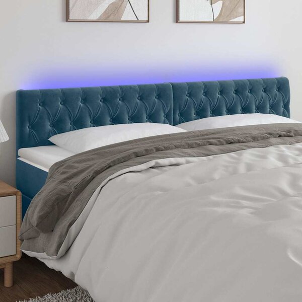 Čelo postele s LED tmavě modré 200 x 7 x 78/88 cm samet 3122018