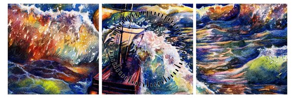 Obraz - Loď na oceánských vlnách, aquarel (s hodinami) (90x30 cm)