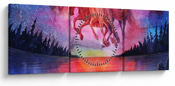 Obraz - Zjevení vesmírných koňů nad jezerem, aquarel (s hodinami) (90x30 cm)