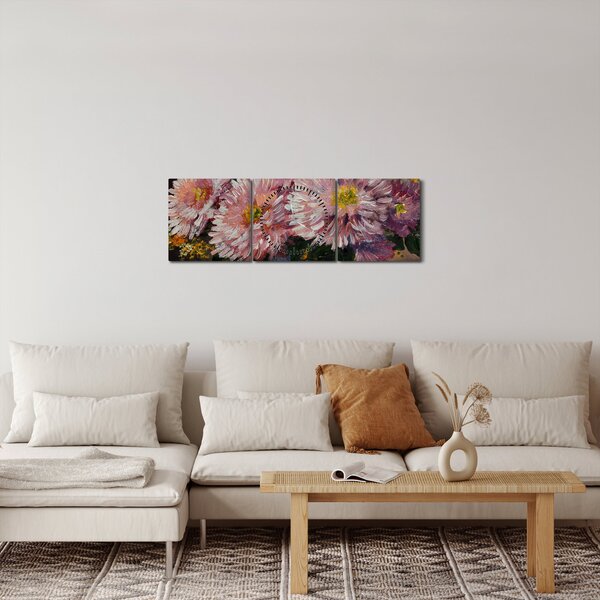 Obraz - Olejomalba, Květiny ve váze (s hodinami) (90x30 cm)