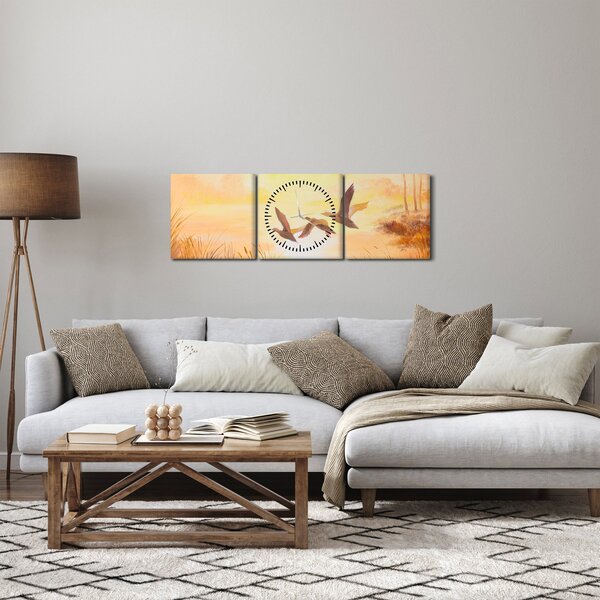 Obraz - Jeřábi při západu slunce (s hodinami) (90x30 cm)
