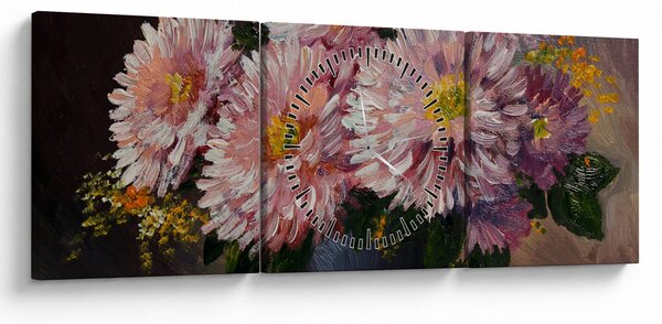 Obraz - Olejomalba, Květiny ve váze (s hodinami) (90x30 cm)