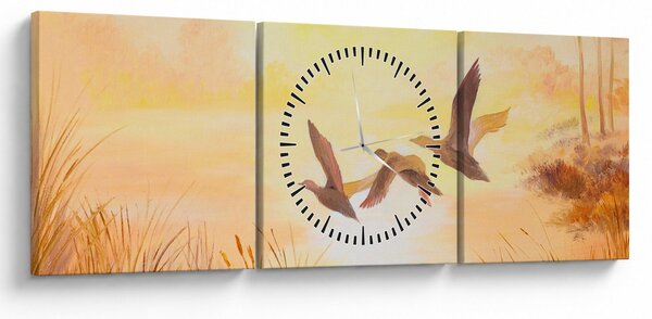 Obraz - Jeřábi při západu slunce (s hodinami) (90x30 cm)