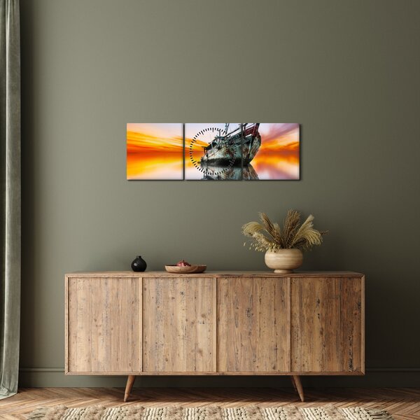 Obraz - Svítání nad vrakem lodi (s hodinami) (90x30 cm)