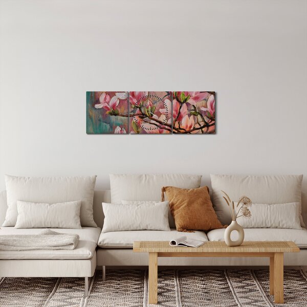 Obraz - Olejomalba, Rozkvetlá sakura (s hodinami) (90x30 cm)