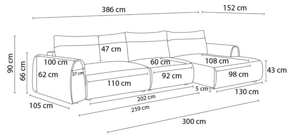 Bobochic Paris Tmavě modrá rohová pohovka Aden 386 cm, levá