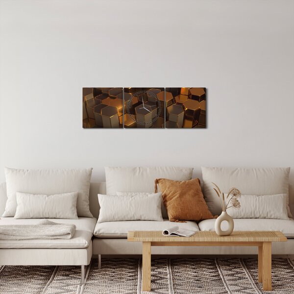 Obraz - Bronzové hexagony (s hodinami) (90x30 cm)