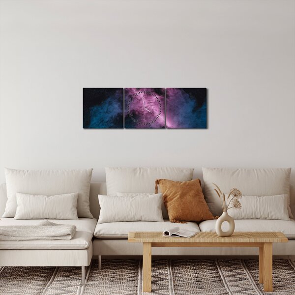 Obraz - Růžovo-modrý kouř (s hodinami) (90x30 cm)