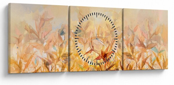 Obraz - Listy v barvách podzimu, olejomalba (s hodinami) (90x30 cm)