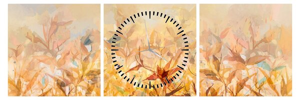 Obraz - Listy v barvách podzimu, olejomalba (s hodinami) (90x30 cm)