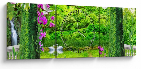 Obraz - Kouzelná zahrada s labutěmi (s hodinami) (90x30 cm)