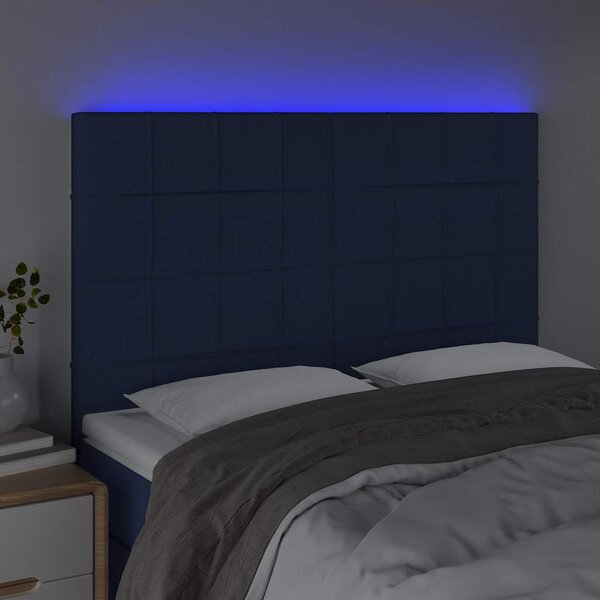 Čelo postele s LED modré 144x5x118/128 cm textil 3122428