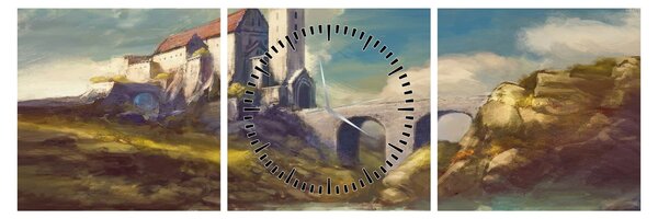 Obraz - Středověký hrad (s hodinami) (90x30 cm)