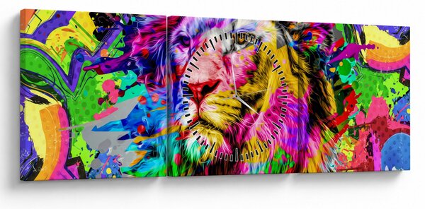 Obraz - 3D obraz lva (s hodinami) (90x30 cm)