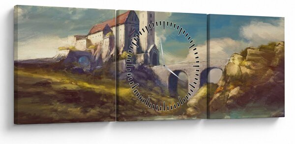Obraz - Středověký hrad (s hodinami) (90x30 cm)