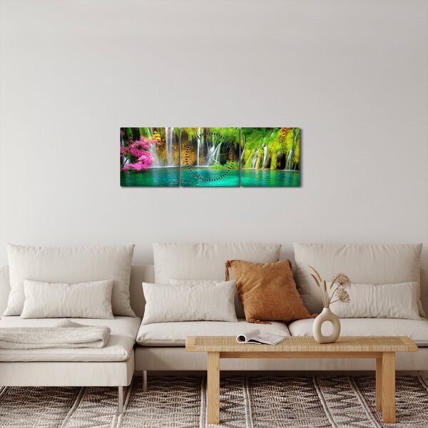 Obraz - Vodopád, Plitvická jezera, Chorvatsko (s hodinami) (90x30 cm)