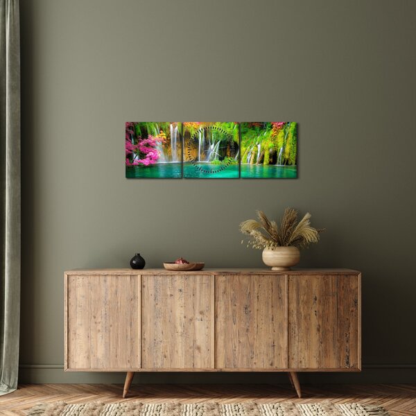 Obraz - Vodopád, Plitvická jezera, Chorvatsko (s hodinami) (90x30 cm)