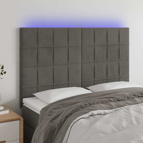 Čelo postele s LED tmavě šedé 144x5x118/128 cm samet 3122473