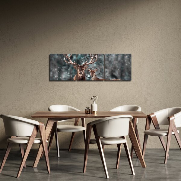Obraz - Jelen a laň v zasněženém lese (s hodinami) (90x30 cm)