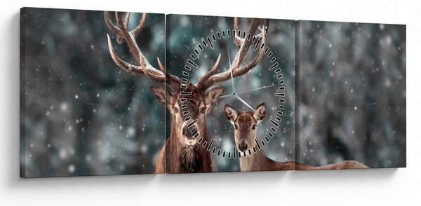 Obraz - Jelen a laň v zasněženém lese (s hodinami) (90x30 cm)