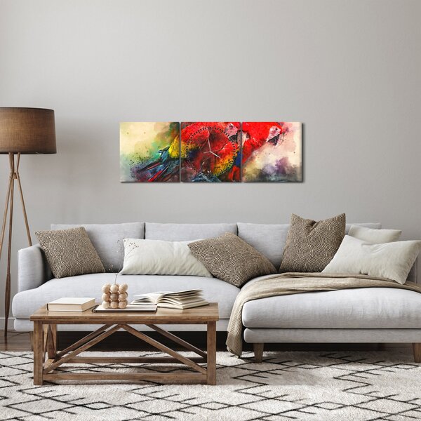 Obraz červených papoušků ara (s hodinami) (90x30 cm)