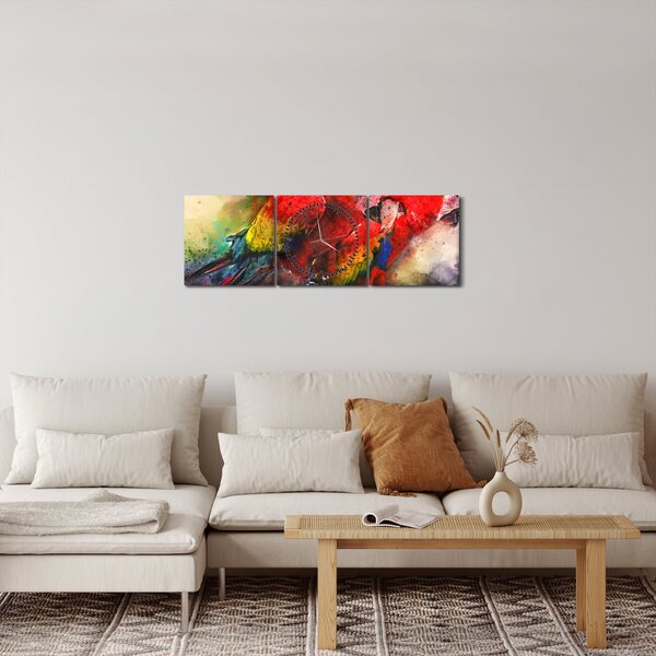 Obraz červených papoušků ara (s hodinami) (90x30 cm)
