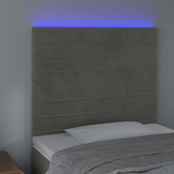 Čelo postele s LED světle šedé 100x5x118/128 cm samet 3122606