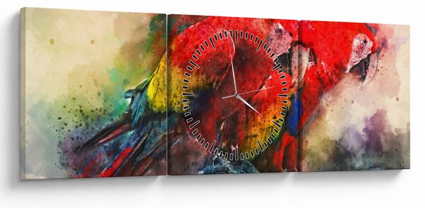 Obraz červených papoušků ara (s hodinami) (90x30 cm)