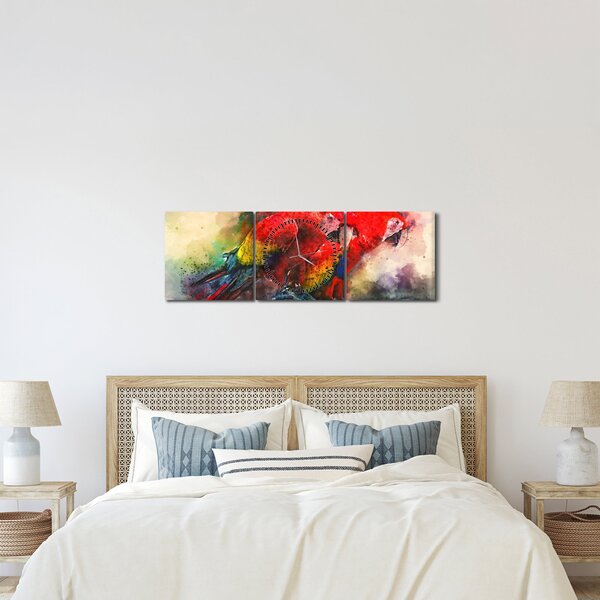 Obraz červených papoušků ara (s hodinami) (90x30 cm)