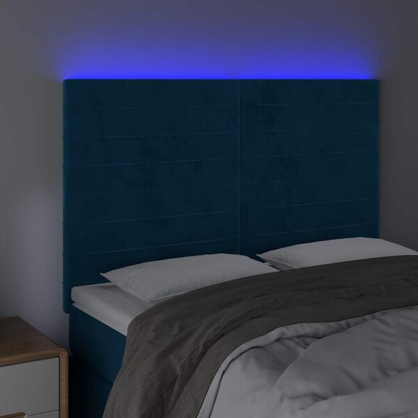 Čelo postele s LED tmavě modré 144x5x118/128 cm samet 3122616