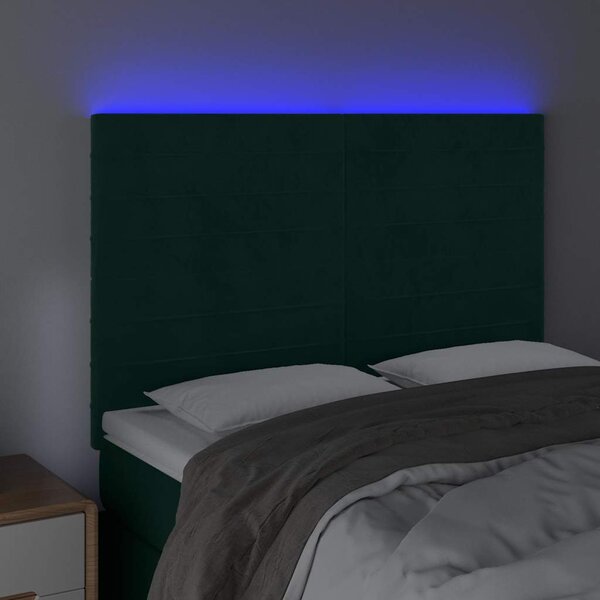 Čelo postele s LED tmavě zelená 144x5x118/128 cm samet 3122615