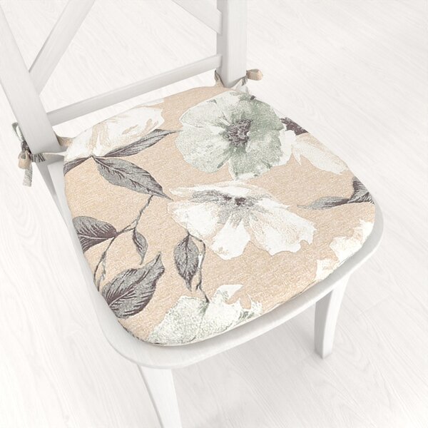 Biante Oblý podsedák Porto PRT-012 Zeleno-bílé květy na béžovém - 39x37x3 cm