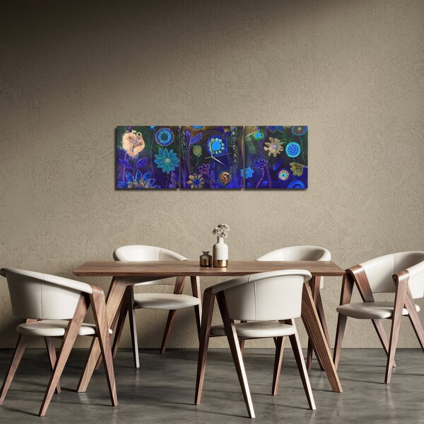Obraz tmavěmodrých květů (s hodinami) (90x30 cm)