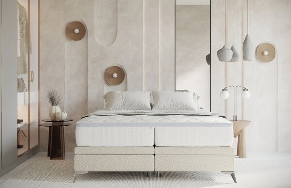 Maison de Rêve Světle béžová čalouněná dvoulůžková postel FIR 140 x 200 cm s úložným prostorem