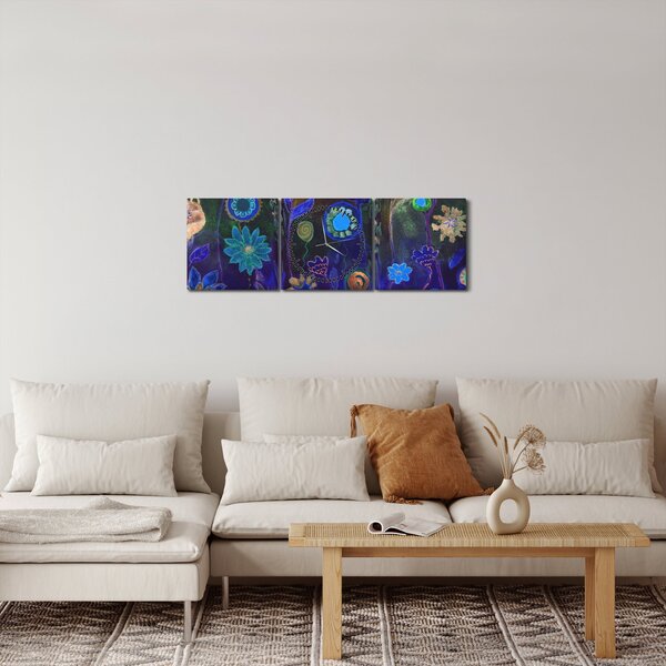 Obraz tmavěmodrých květů (s hodinami) (90x30 cm)