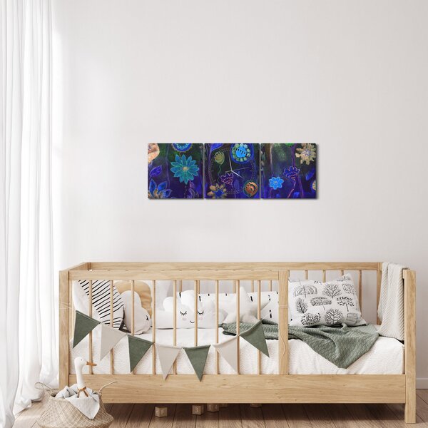 Obraz tmavěmodrých květů (s hodinami) (90x30 cm)