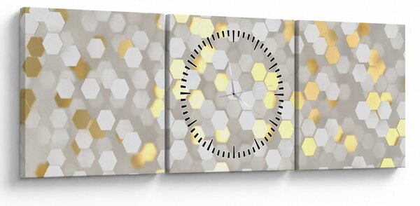 Obraz - Zlato-bílé hexagony (s hodinami) (90x30 cm)
