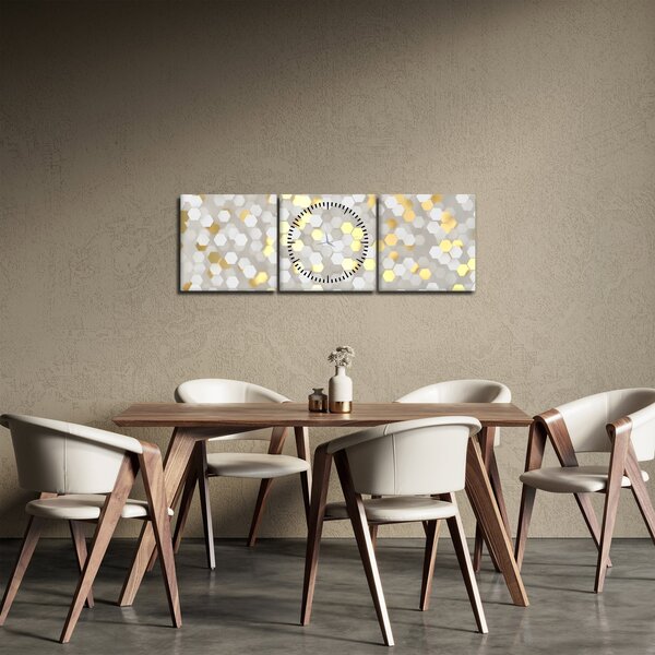 Obraz - Zlato-bílé hexagony (s hodinami) (90x30 cm)