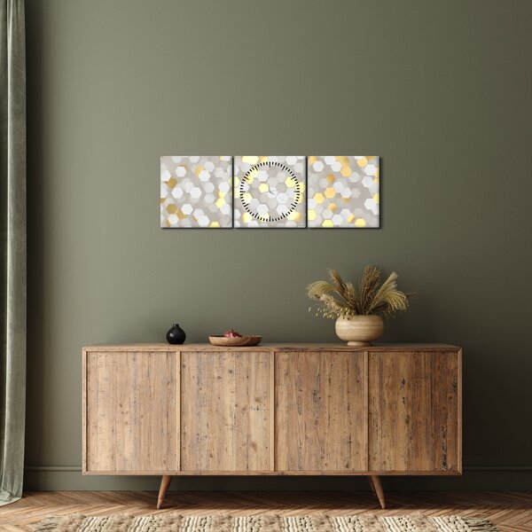 Obraz - Zlato-bílé hexagony (s hodinami) (90x30 cm)