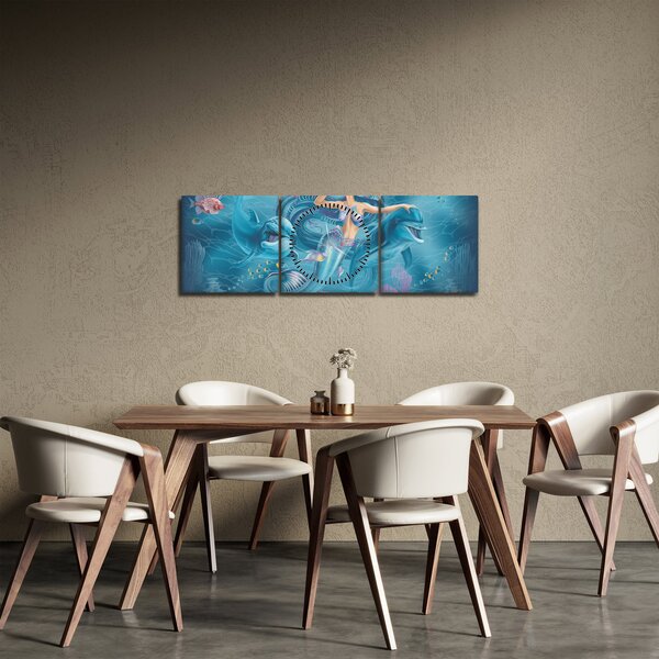 Obraz - Mořská víla s delfíny (s hodinami) (90x30 cm)