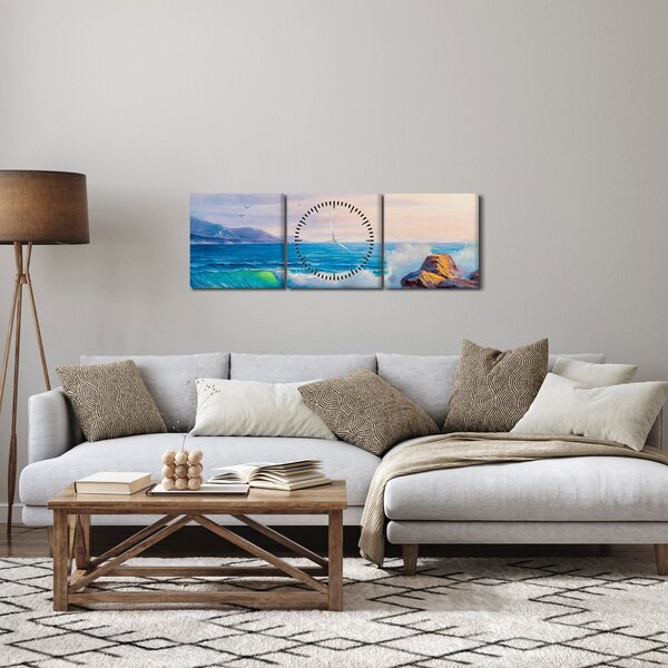 Obraz vln narážejících na útesy, olejomalba (s hodinami) (90x30 cm)