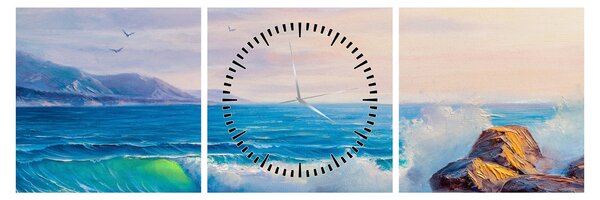 Obraz vln narážejících na útesy, olejomalba (s hodinami) (90x30 cm)