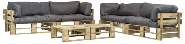 6dílná zahradní sedací souprava z palet a šedé podušky dřevo